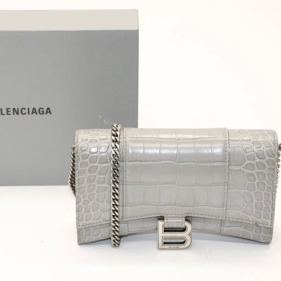 Balenciaga Shiny Calfskin Crocodile Embossed Hourglass Bag - Grey - Picture 1 of 15